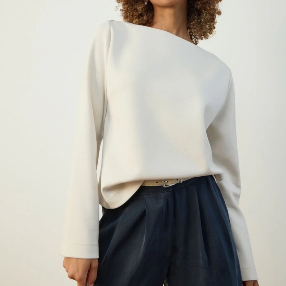 ADAY Getaway Scuba Boat Neck Long Sleeve Sand Beige Blouse Size XS